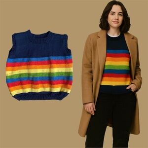 Hand Knit Sweater Vest Large Rainbow Sleeveless Colorful Boxy Teacher Twee